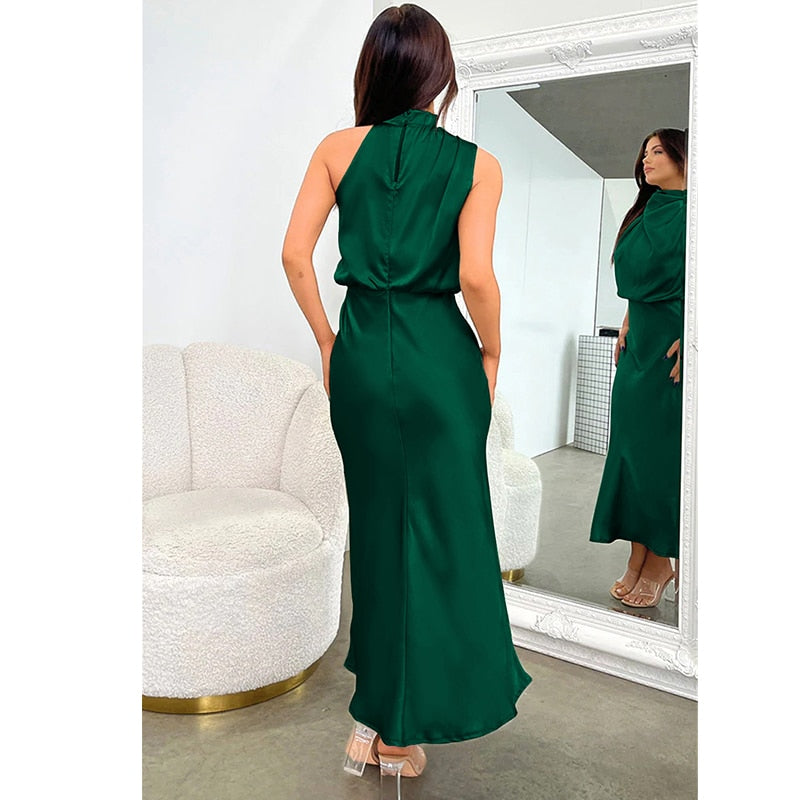Elegance Turtleneck Slip Satin Maxi Dress π