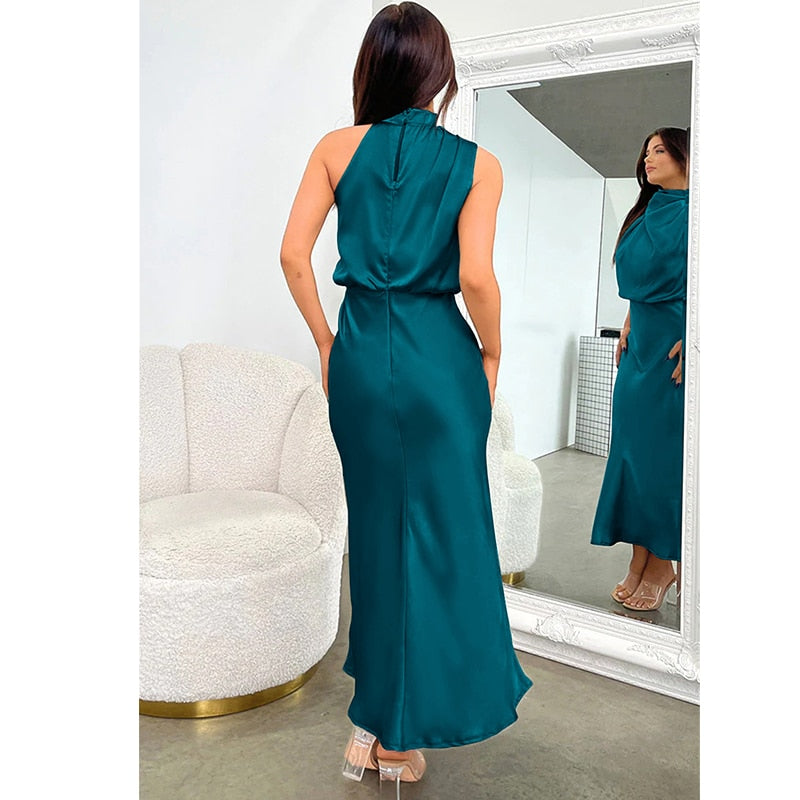 Elegance Turtleneck Slip Satin Maxi Dress π