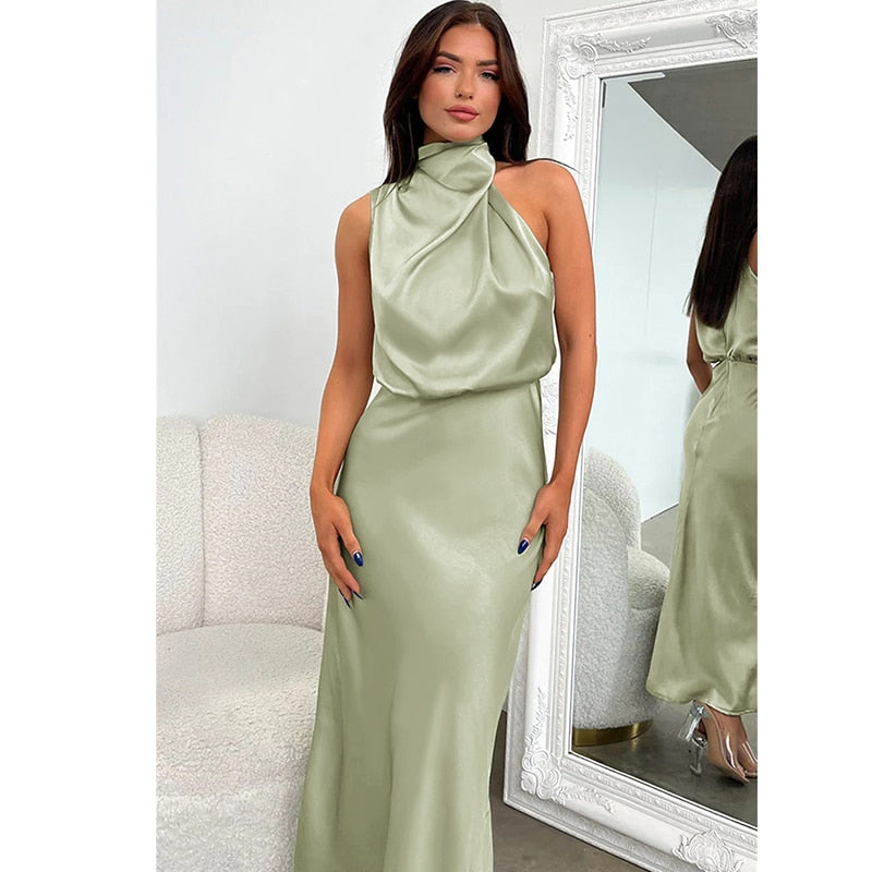 Elegance Turtleneck Slip Satin Maxi Dress π