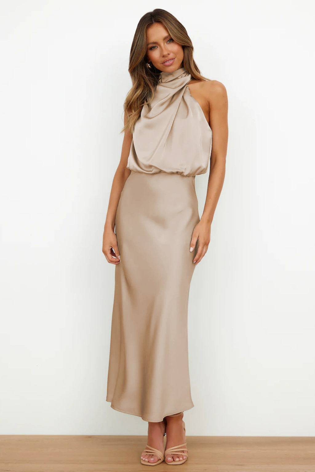 Elegance Turtleneck Slip Satin Maxi Dress π