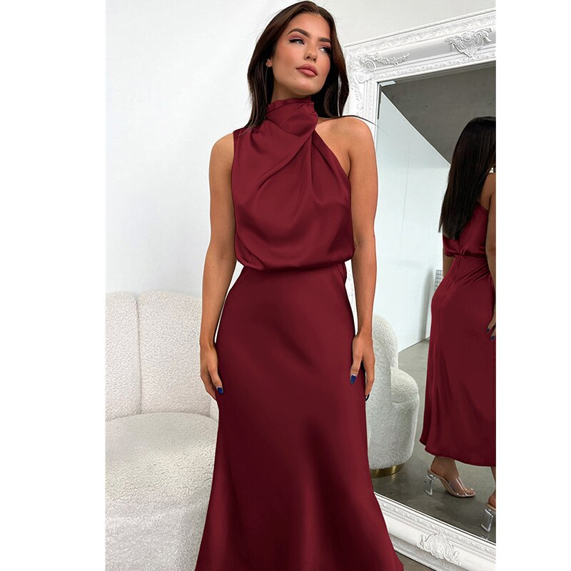 Elegance Turtleneck Slip Satin Maxi Dress π