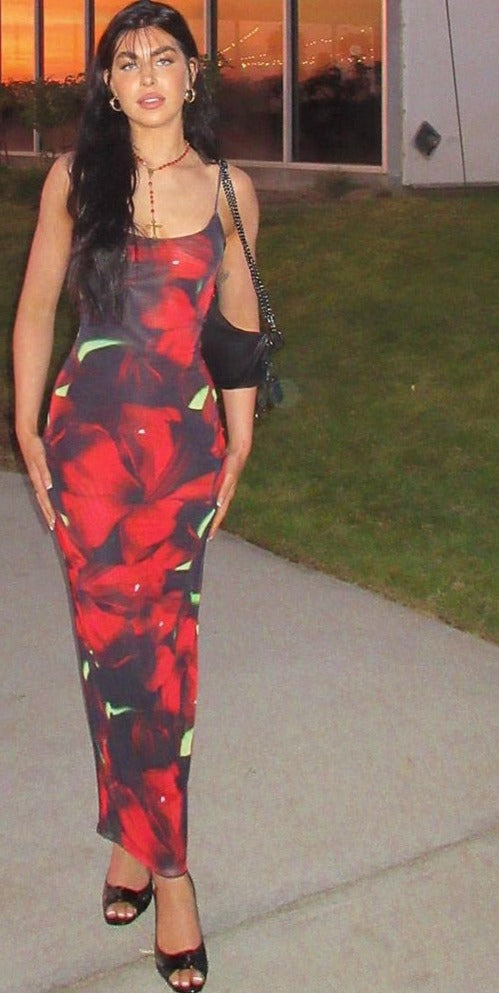 red and black floral dress