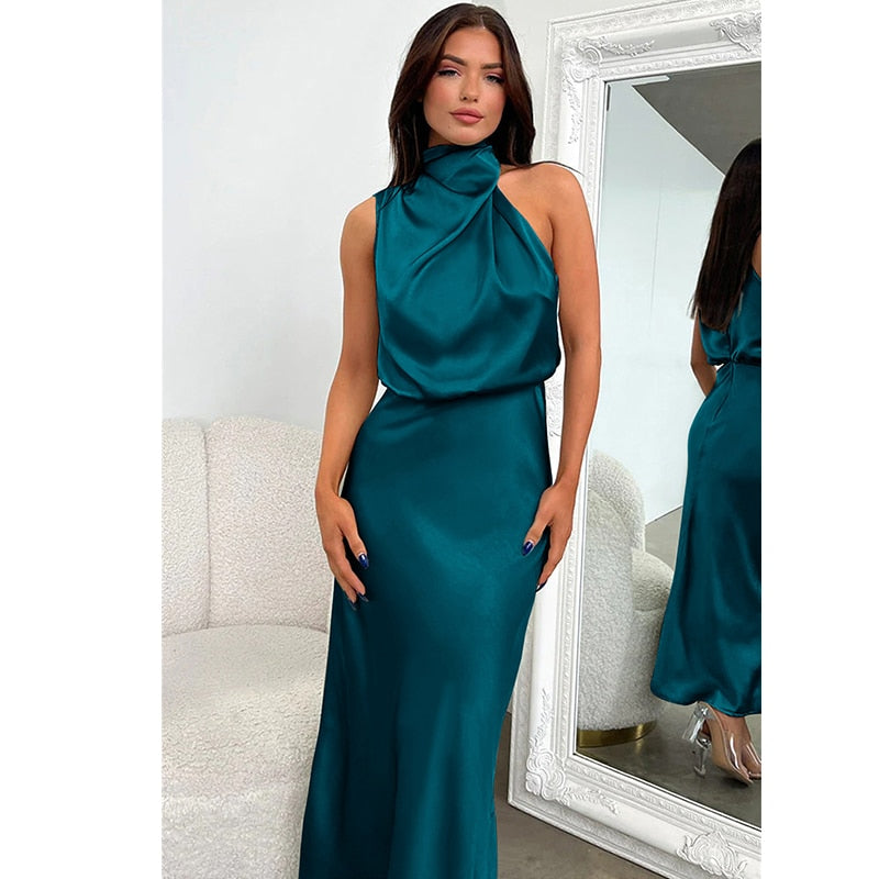 Elegance Turtleneck Slip Satin Maxi Dress π