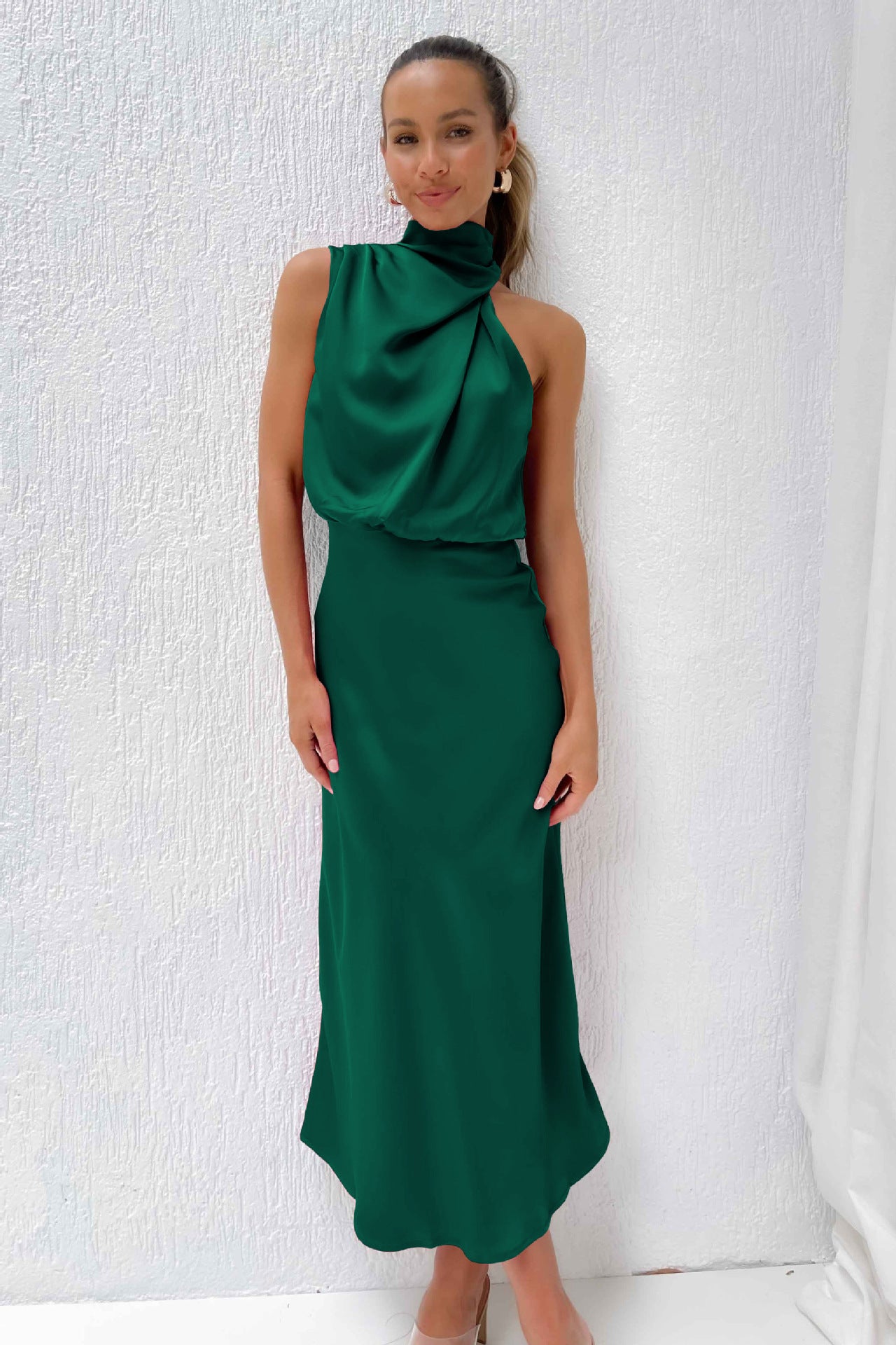Elegance Turtleneck Slip Satin Maxi Dress π