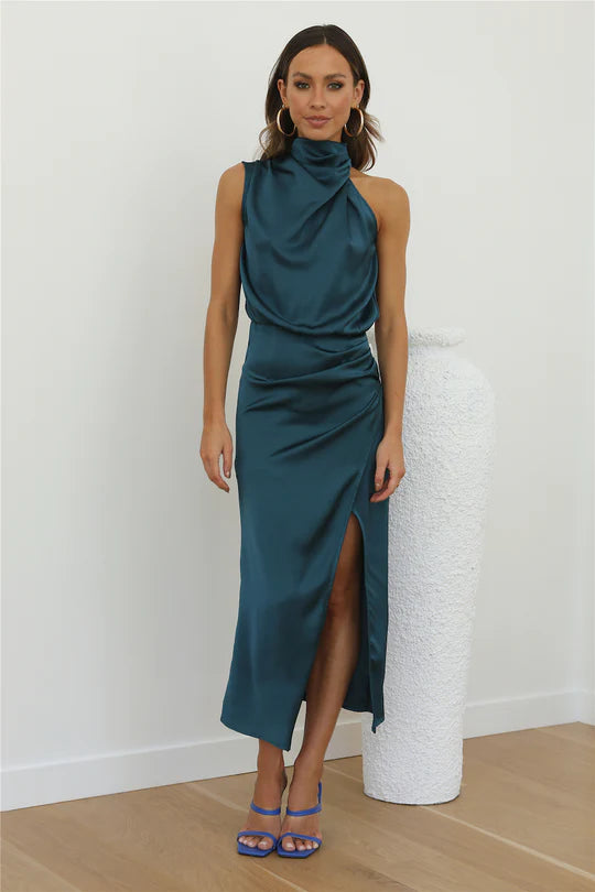 Elegance Turtleneck Slip Satin Maxi Dress π